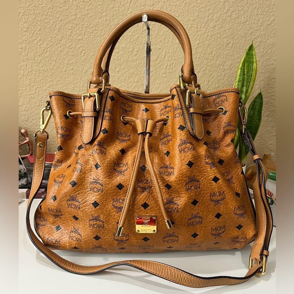 MCM Cognac Logo Drawstring Satchel with Gold Hardware
